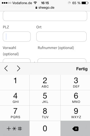 Mobile Checkout mit Zahlen-Tastatur für Postleitzahl Formular