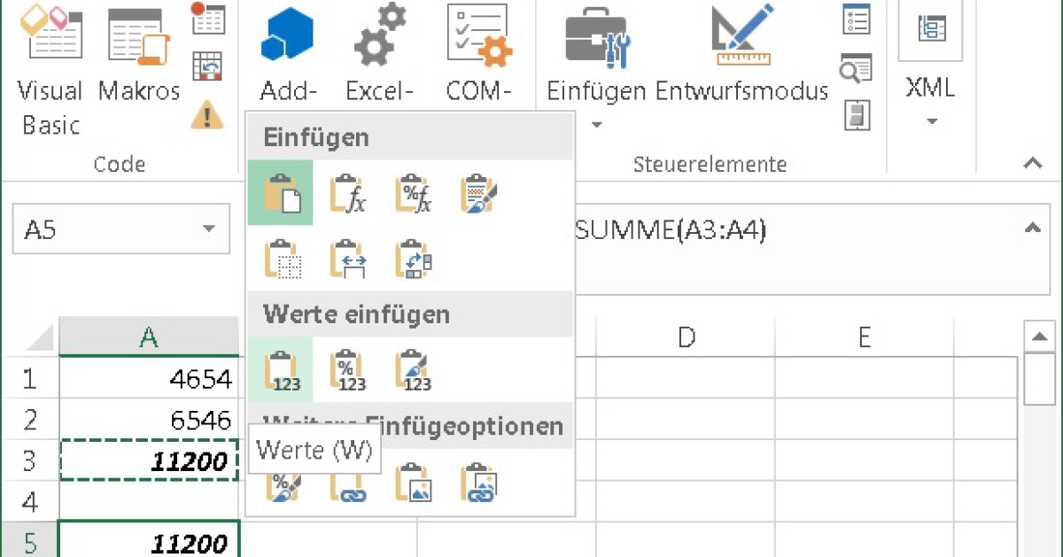 Excel: Tastenkürzel für «Nur Werte einfügen» - onlinepc.ch