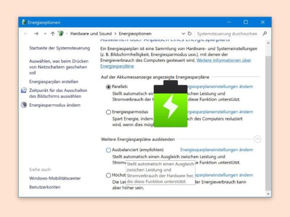 Zum Energiesparen Akku-Regler bei Win 10 korrigieren 