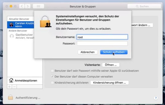 macOS-System High Sierra gewährt "root"-Zugriff ohne Passwort 