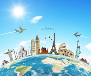 Reise-Motiv-Illustration-Flugzeug-Globus 