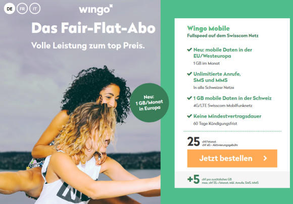 Neu 1 GB monatliches Datenroaming in der EU für Wingo Kunden 