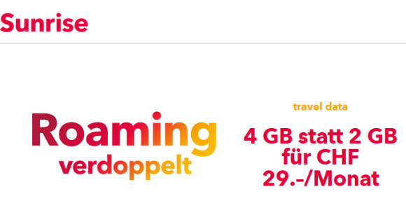 Sunrise verdoppelt Roaming Datenvolumen auf 4GB 