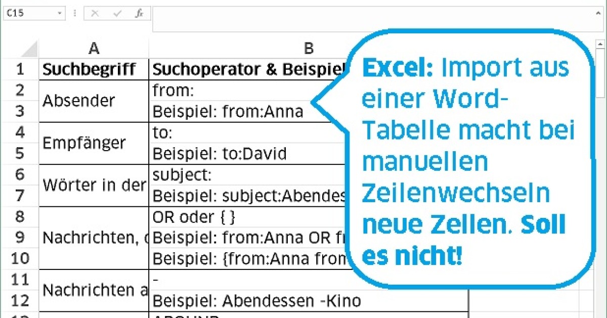 Word-Tabelle mit Zeilenwechseln in Excel importieren - onlinepc.ch